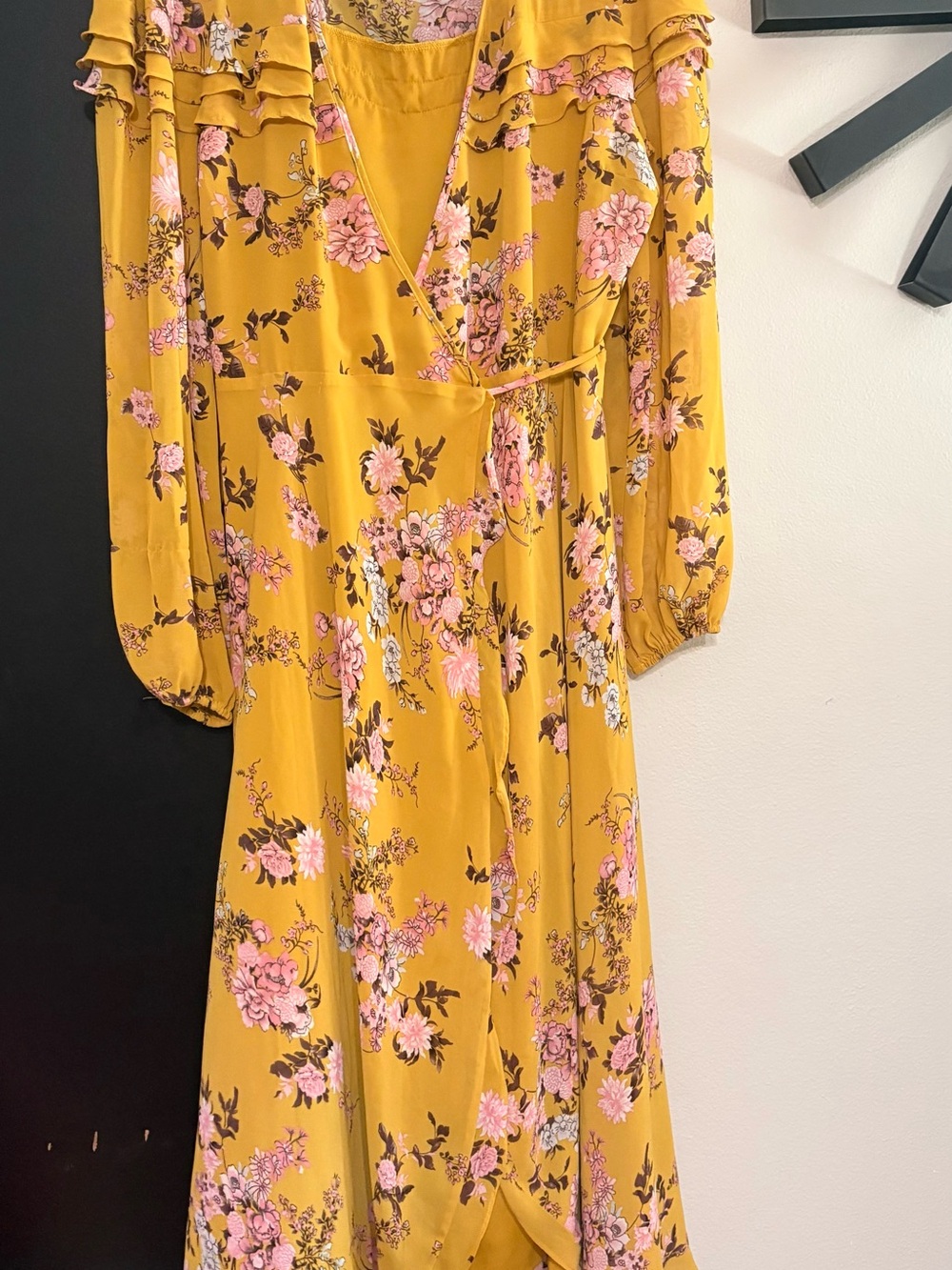 WAYF Floral Wrap Maxi Dress - Mustard with Pink Floral
